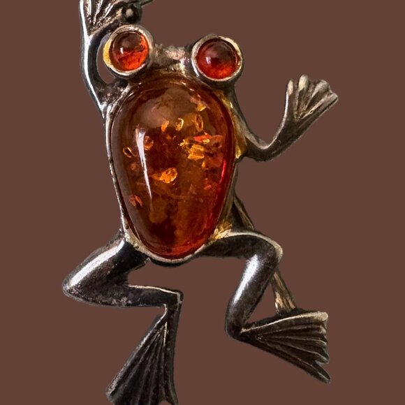 925 Vintage Silver and Amber Stone Frog Brooch - Picture 6 of 6